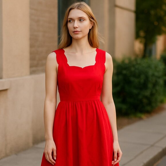 NWT FORCYNTHIA Scallop Edge Linen Blend Pleated Sleeveless Midi Dress Large - Picture 2 of 9